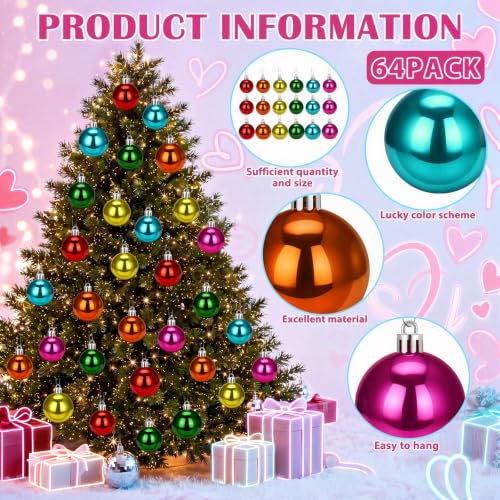 Image of Lunmon 64 Pcs Multicolor Christmas Ornament Bright Color Xmas Baubles