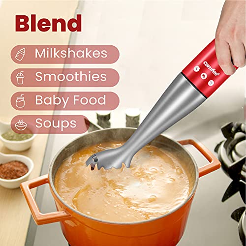 Comfee' Immersion Hand Blender, Brushed Stainless Steel, 2-Speed, Multipurpose Stick Blender With 200 Watts, 600Ml Mixing Beaker And Whisk, Perfect For Baby Food, Smoothies, Sauces And Soups, Red #TOP3