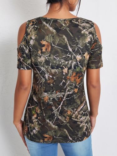 Image of RoseSeek Women's Camo Leopard Cold Shoulder T Shirts Summer Camouflage Tops | V Neck, Short Sleeve, Slim Fit, Camo Shirts, Camouflage Shirts, Summer Clothes, Vintage Streetwear