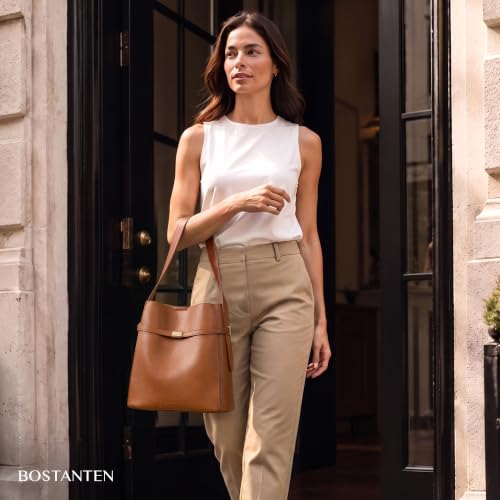 Image of BOSTANTEN Vegan Leather Purses for Women Quiet Luxury Shoulder Bucket Bag | Soft Luxury Tanned Leather, Include Drawstring Pouch, Front Belted Design, Fixed Wide Strap, for Everyday Office Weekend