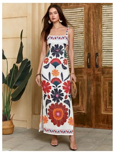 Image of Floerns Women's Tropical Bow Tie Back Long Dress Sleeveless Maxi Dress | Hawaiian Resort Wear, Coastal Vacation, Beach Wedding Guest, Side Slit, Spring Break Outfits