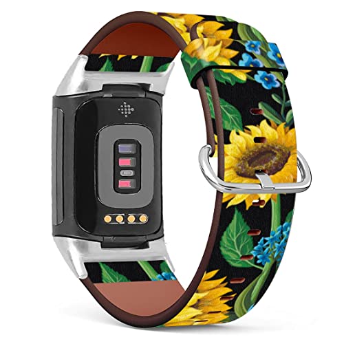 Mingdao Compatible with Fitbit Charge 5, Patterned Leather Replacement Band, (Sunflower Floral Pattern-Wb01)