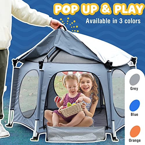 Image of PRObebi Portable Pop Up Playpen for Babies and Toddlers - Grey Lightweight Outdoor Play Yard with Three Sun-Shade - Beach and Indoor Use with Travel Bag