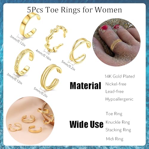 Svovin 5Pcs 14K Gold Plated Toe Rings For Women Adjustable Toe Rings Non Tarnish Open Band Toe Rings Set Summer Beach Jewelry thumb #2