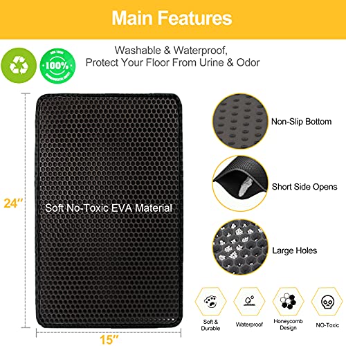 Image of LeToo Cat Litter Mat Black Trapping for Litter Box, No Slip Large, Urine Waterproof, Honeycomb Double Layer Anti Tracking Kitty Mats, No Phthalate, Washable Easy Clean (24 inch x 15 inch, Black)