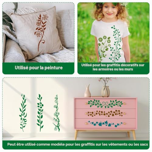 12 Pièces Pochoirs de Vigne, Feuilles et Fleurs Modèles Floraux Réutilisables pour Peinture sur Bois Dessin Toile Bricolage Décoration d'Intérieur Art Mural – vue 5