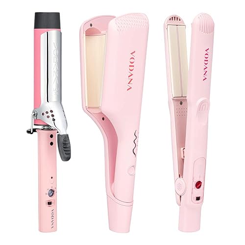 VODANA Paquete de planchas profesionales para el cabello, rizador Glamwave, triple flujo para cabello ondulado, barra suave, plancha plana, color