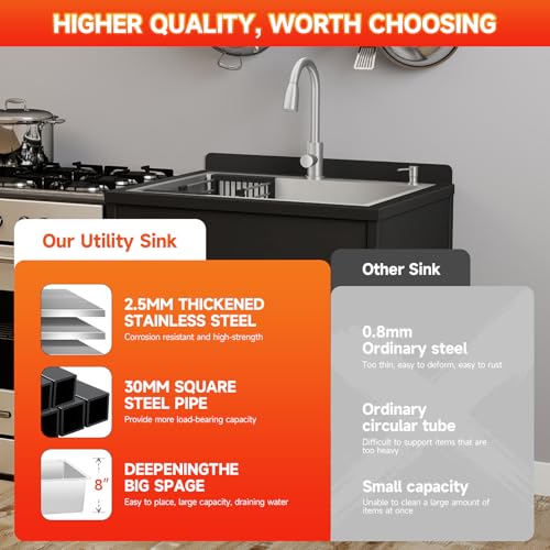 Image of Stainless Steel Utility Sink, 33.5 inch x 26.1 inch x 36.6 inchFreestanding Sink with Cold and Hot Water Faucet,Hoses and Drain Kit for Kitchens, Bathrooms, Garage, Laundry Room
