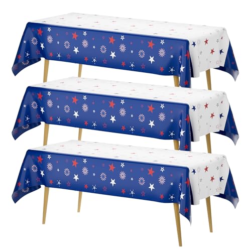 Image of Patriotic Tablecloth Decorations for 4th of July Independence Day, American Flag Plastic Disposable Rectangle Memorial Day Table Cover for Patriotic Themed Party Supplies, 54 x 108 Inch,3 Pack