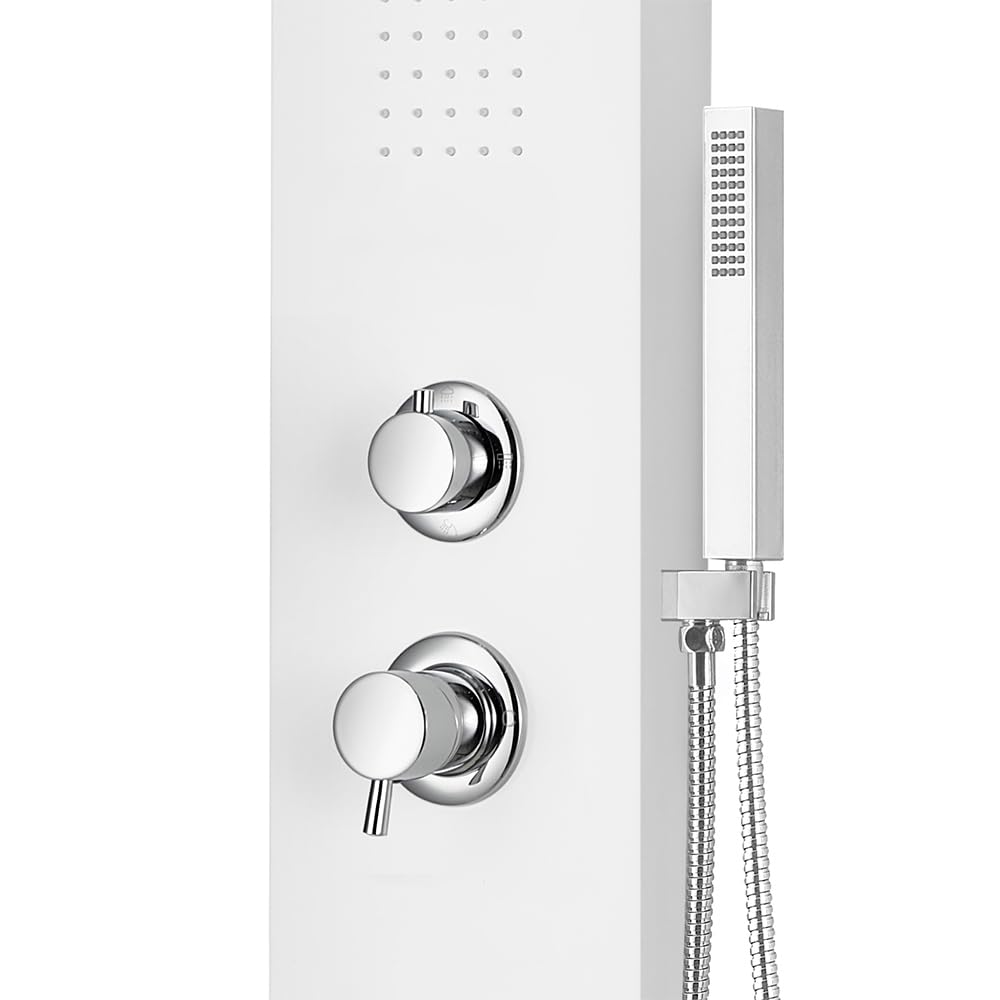Colonna Doccia Idromassaggio Multifunzione H 145 Cm In Alluminio Bianco Opaco Con Soffione, Getto Effetto Cascata, Doccino E Getti Orizzontali, Completa Di Flessibile