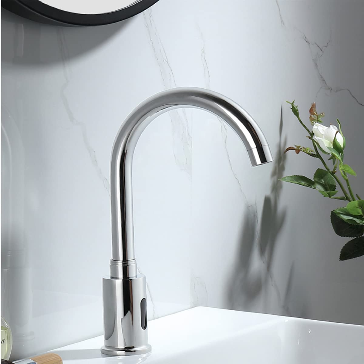 Grifo automático sin Contacto para Lavabo de Cocina y baño con Placa de Cubierta cromada, Grifo de baño con Caja de Control y Mezclador de Temperatura con desagüe emergente con rebosadero.