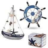 Flanacom Maritime Badezimmer Deko 3er Set - Steuer-Rad, Segel-Schiff und Schatz-Truhe aus Holz - liebevoll gestaltete Badaccessoires mit Details (Design 2-4)