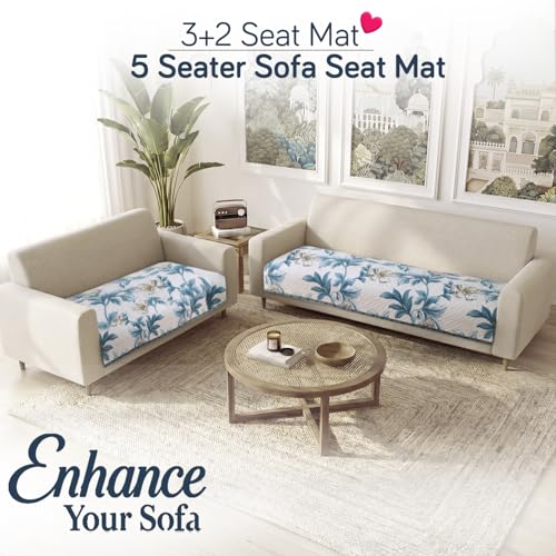 Image of HOKIPO 'Homehues Series' Printed Quilted Sofa Cover Mat for 5 Seater - (3+2), Celadon Blue Camellia (IN-807 + IN-809 - D8)