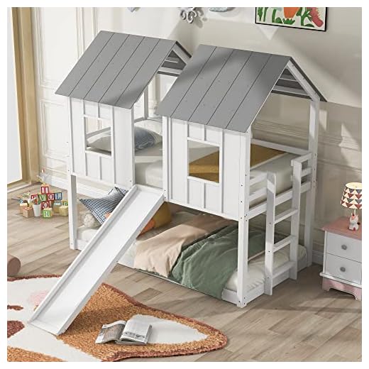 Merax Twin Over Twin Wood House Bunk Bed with Slide and Windows, White