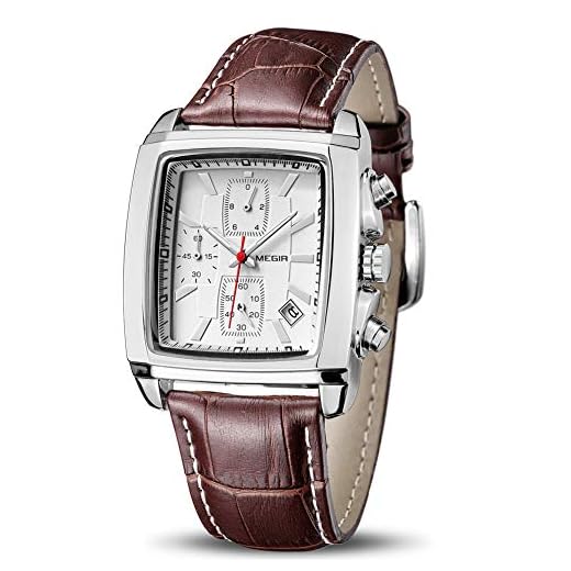 MEGIR Men's Business Analog Chronograph Luminous Rectangle Quartz Watch with Stylish Brown Leather Strap for Sport & Work (2028 White)