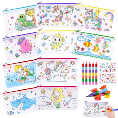 HGRGHH Estuches para Colorear, 10 Bolsas Individuales con 5 Ceras de Colores Apilables (7 Colores en 1), Bolsas de Tela con Cremallera para Pintar, Regalo Niños Fiestas y Cumpleaños