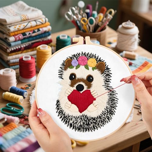 Image of Cute Hedgehog Embroidery Kits for Beginners Adults, Animals Embroidery Starter Kits, Counted Cross Stitch Kits for Beginners DIY Craft Kits for Adults Women, Embroidery Hoops, Thread & Video Tutorial