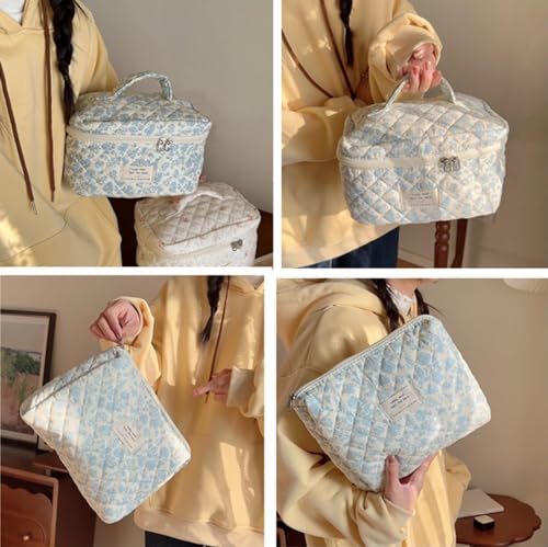 3Pcs Cotton Quilted Makeup Bag Set, Cute Floral Makeup Bags, Large Travel Coquette Make up Bag Cosmetic Bag Toiletry Organizer Bag for Women Girls (A)3