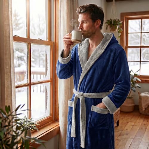 Image of U2SKIIN Mens Hooded Robe, Plush Robes for Men Long Fleece Bathrobe