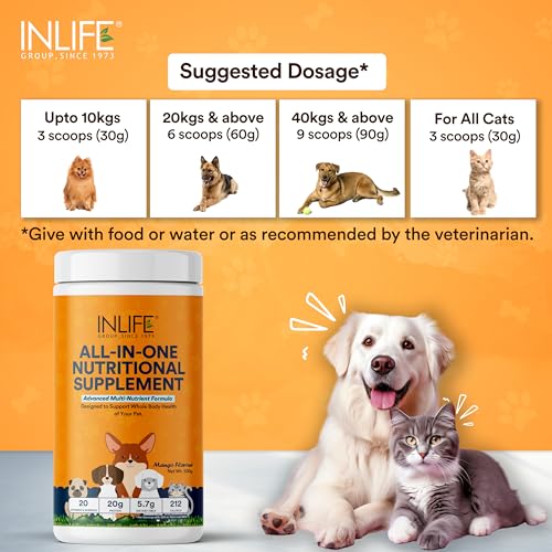 Image of INLIFE Nutritional Meal Mix Powder for Dogs Cats and Pets, Protein Supplement with Advanced Multi-Nutrient Formula | Pet Supplement- 500g (Mango)