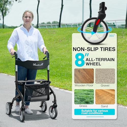 Image of PLANET WALK Super Lightweight Rollator Walker for Seniors, Foldable Rolling Walker with Seat and 8 inch Rubber Wheels for All Terrain, Unique Design Aluminium Frame Sturdy Walkers for Traveling - Black