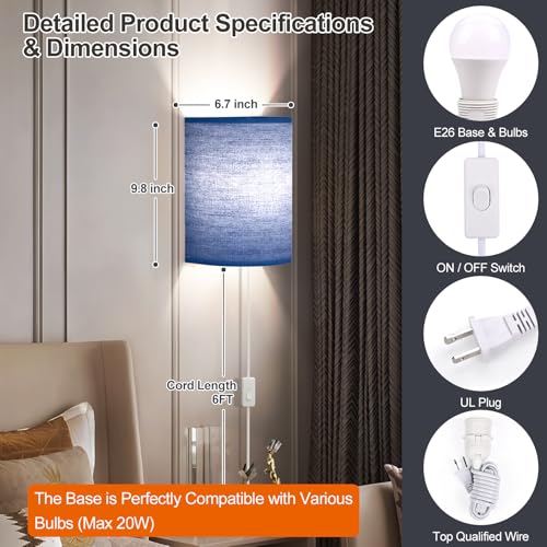 Image of Plug in Wall Sconces Set of Two: Wall Lights with On /Off Switch - Stepless Color Temperature Wall Mount Lamps - Fabric Linen Wall Sconce for Bedroom Living Room & Hallway- Indoor Corded Wall Sconces