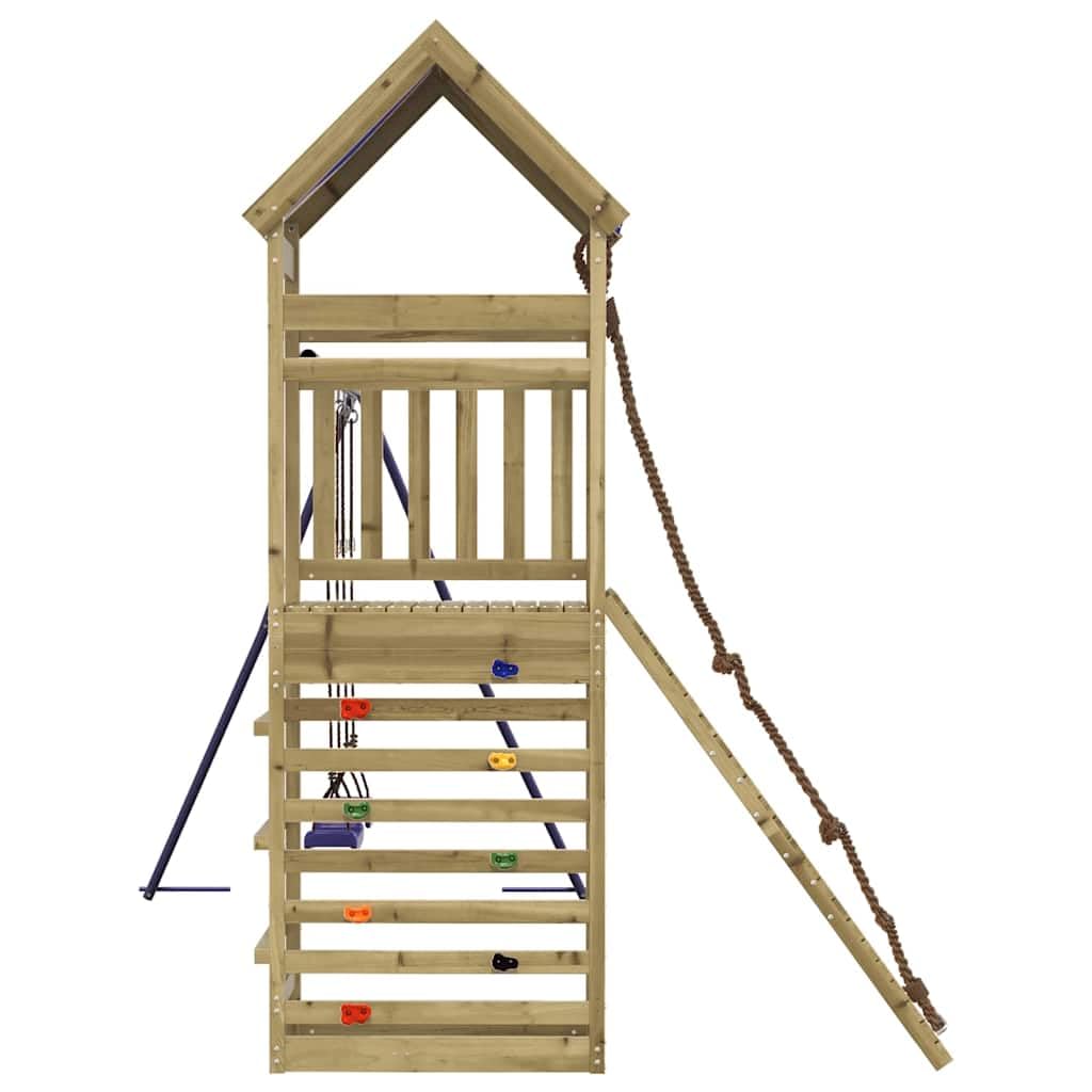 Spielturm aus imprägniertem Kiefernholz mit Schaukel, Rutsche, Klettergerüst und Sandkasten für Garten, Terrasse, Outdoor Spielplatz, Kinderspielhaus mit Leiter, Seil, Rampe und Sicherheit