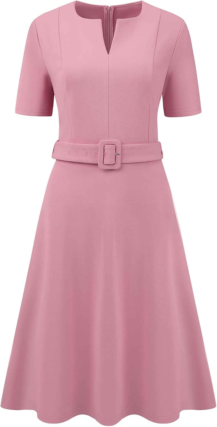 Hobemty Women's A-Line Dress Short Sleeve Split Neck Midi Dresses with Belted