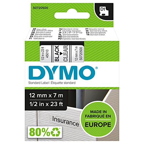 DYMO Standard D1 45010 Labeling Tape ( Black Print on Clear Tape , 1/2'' W x 23' L , 1 Cartridge)
