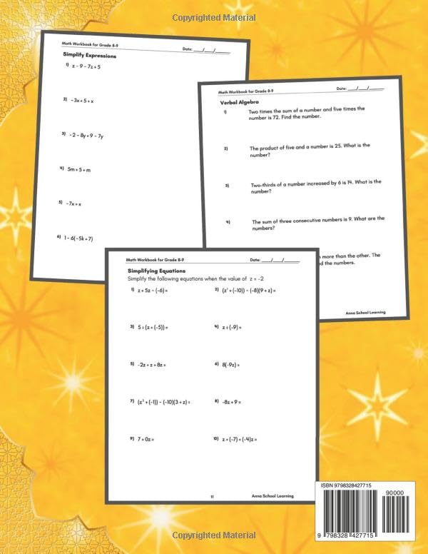 Summer Math Workbook Grade 8-9, With Equations, Expressions, Inequalities, Verbal Algebra, Linear Equations, Percentage and Geometry Skills: 8th to ... Answers, Ages 13-15 (Summer Math Workbooks) - Image 2