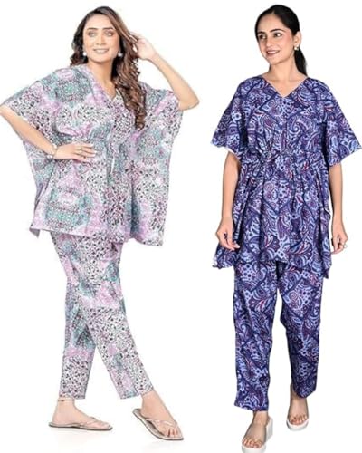 Image of Vlazom Women's 100% Cotton Printed Kaftan & Pyjama Set - Combo Pack of 2 | Free Size Nightwear with Pocket | Soft Cotton Loungewear Co-ord for Women