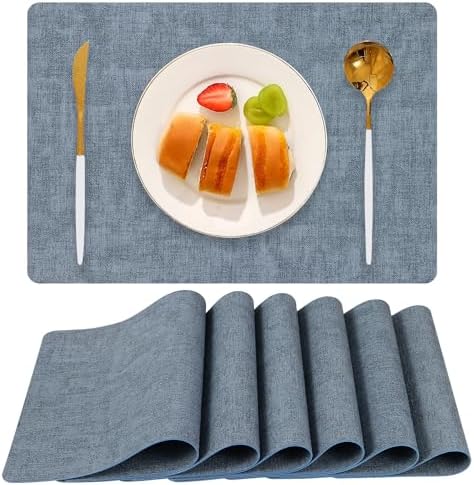 Faux Leather Placemats Set of 6, Heat Resistant Wipeable Washable Vinyl Place Mats, Waterproof Anti-Slip Dining Table Mats, Suitable for Indoor & Outdoor Use (Blue)