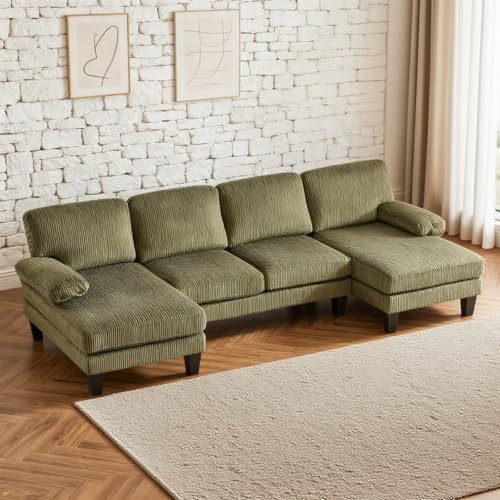Image of Karl home Compact U-Shape Sectional Sofa Couch 111 inch 4-Seat Green | Modern, Corduroy Fabric Upholstered, Double Chaise, Wood Grain Legs for Living Room, Home Office, Apartment, Studio