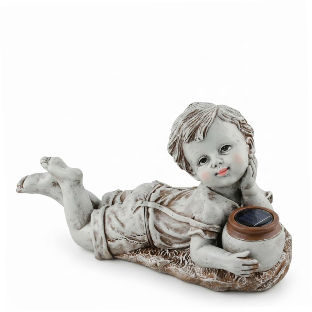 Gemuseeee Solar Statues for Yard and Garden Waterproof Resin Boy Garden Statue Outdoor Solar Powered Kids Figurine Boy statues for yard and, and girl outdoor
