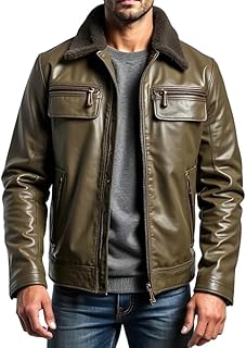 Men's Genuine Sheepskin Leather Jacket with Shearling Collar – Olive Green Aviator Bomber Winter Coat