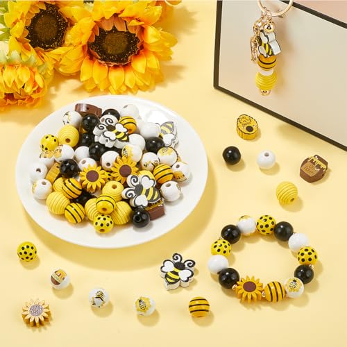SOFPLATE 200Pcs 12 Styles Bee Bead Wood Honeycomb Beads Bulk Honey Jar Spring Summer Yellow Flower Rustic Farmhouse Bee Craft Loose Wooden Beads for Bracelet Beading Necklaces Home Decor DIY Crafts - Image 4