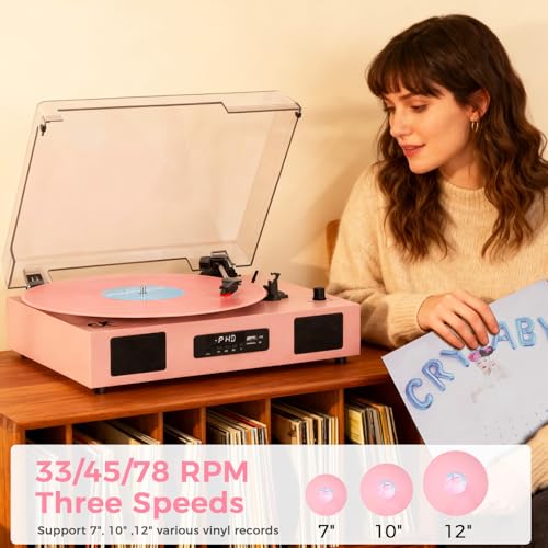 Image of Vinyl Record Player Bluetooth Turntable with Built-in Stereo Speakers USB Recording 3 Speeds Belt Drive Turntables Support RCA Output, LED Display, EQ, Pink