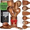 Wooden Utensil Set 8 Pcs – Sturdy & Easy to Clean, Natural Teak Wooden Spoons for Cooking – Non-Scratch Cooking Utensils with Spatula, Turner, Ladle, Spoons, Holder, Spoon Rest, 6 Hooks Kitchen Gifts