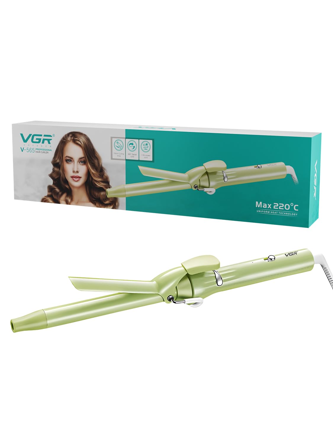 V-565 Professional Electric Hair Curling Wand – Fast Heating 19mm Ceramic Curler with 220°C Maximum Heat Setting, Precision Temperature Control, Customized Heat Settings (Green)