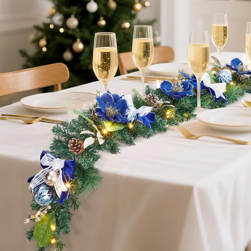 GarveeHome 6ft Christmas Garland with Lights for Mantle, Prelit Outdoor Xmas Garland with 20 LED Lights Timer Blue Ball Ornaments, Battery Operated, for Fireplace Stair Railing Indoor Holiday Decor