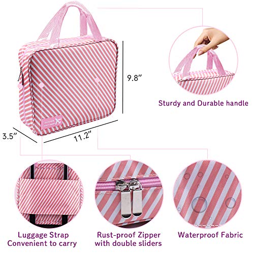 Hanging Travel Toiletry Bag Waterproof Makeup Organizer Large Capacity Portable Travel Storage Pouch Cosmetic Handbag with Sturdy Hook/Detachable Clear Bag/Luggage Strap (Striped Pink) - Thumbnail 5
