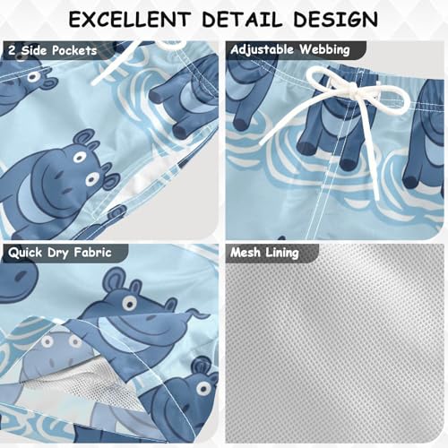 Boys Beach Board Shorts Hippo Cartoon Animal Blue Swim Trunk Teen Swimwear 8-16Y3