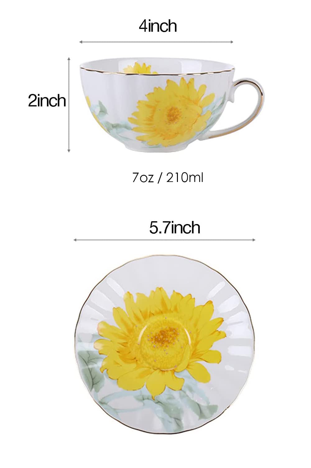 Ceramic Sunflower Tea Cup Set - Vintage Chintz Porcelain With Saucers, 7 Oz Capacity, Set Of 4 (Cups & Saucers)