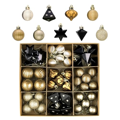 DecorbyHannah 45ct Mini Black Gold Christmas Ornaments Set for Tree Decorations, Shatterproof Small Copper Brown Ball Ornaments for Mini Tree, Table Party Decor