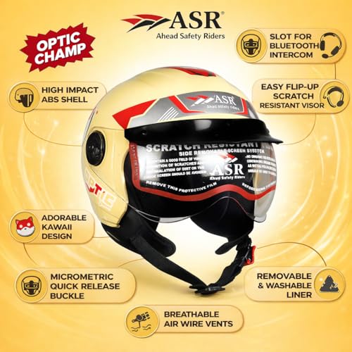 Image of ASR Junior Riders Helmet, High-Impact ABS Shell, Scratch & UV Resistant, Wide-View Visor, ISI Approved, Boys & Girls,Size-XS (Cream)