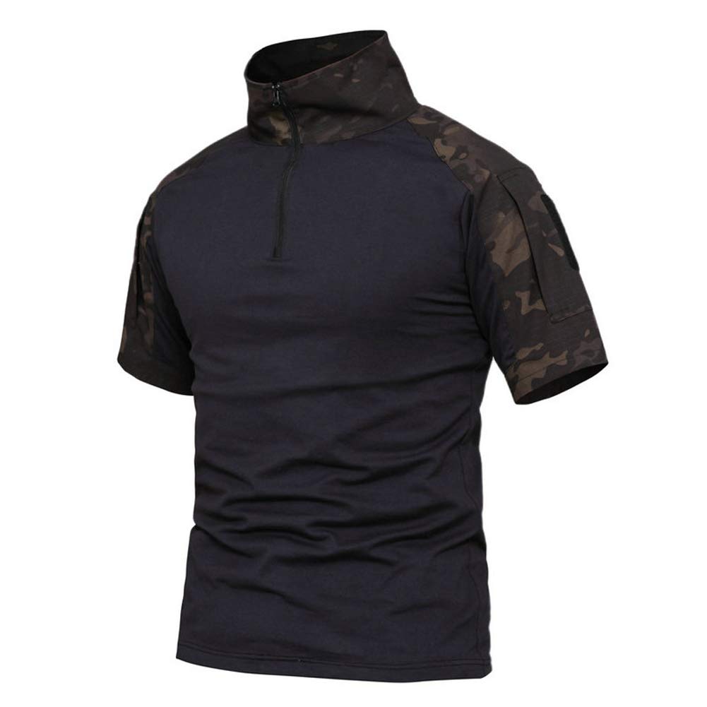 Lilychan Men's Night Camouflage Lilichan Tactical Short Sleeve Military Shirt - Outdoor Combat Shirt With Zipper (X-Large, )