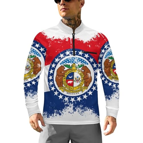 Missouri Grunge Style State Flag Men's Rash Guard Long Sleeves Quick Dry Fishing Workout Shirts with Zipper