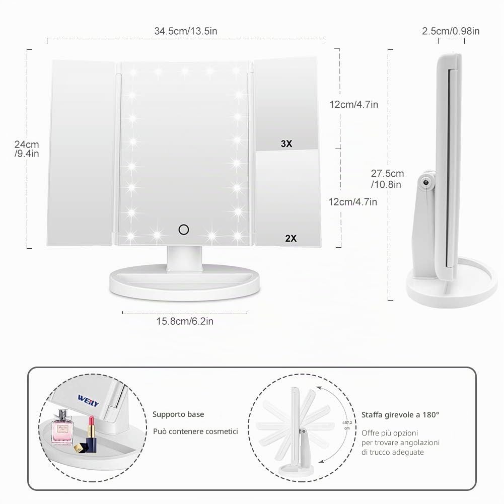 WEILY Specchio per Trucco con 21 Luci, 1x / 2x / 3x Specchietti per Ripiegabile con che Ruota di 180°, Specchio Trifold con Touch Screen Regolabili per Regalo Donne (Bianco)