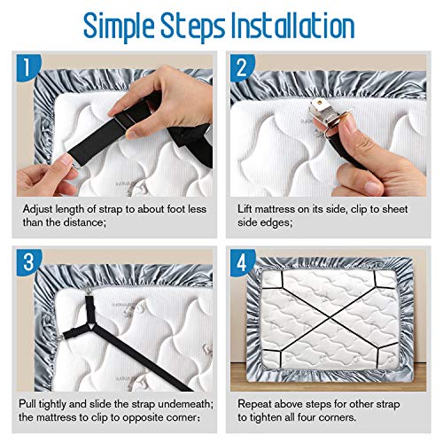 WADEO Verstellbare Elastische Bettlakenspanner Bettlakenklammer, Matratzenklammern mit Langen Spannbändern, für Laken, Spannbettlaken, Matratzenschoner, Schwarz, 2 Stück - Image 4