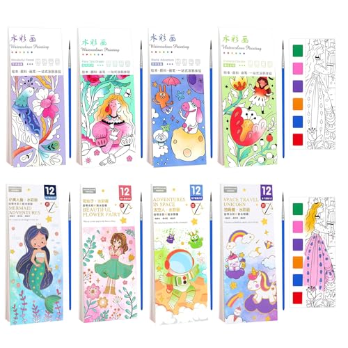 96 Pagine Libri da Colorare ad Acqua senza Sporcare Set, Libro di Pittura ad Acquerello Bambini, Libro da Colorare Tascabile con Pennello Blocchi di Vernice per Ragazzi Ragazze 5+